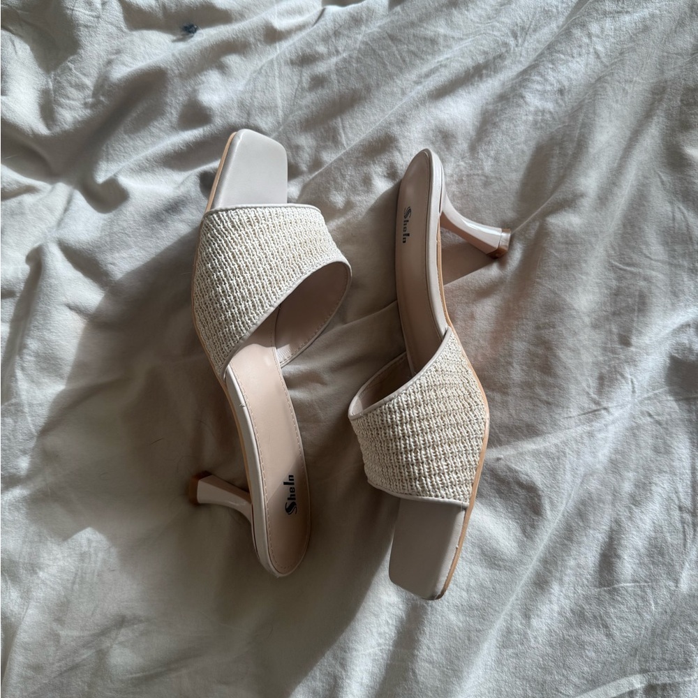 Stylish Beige Woven Heeled Sandals